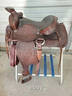 Used Older 14 Brown Leather Big Horn Western Roping Saddle withTooling