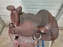 Used Older 14 Brown Leather Big Horn Western Roping Saddle withTooling