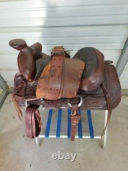 Used Older 14 Brown Leather Big Horn Western Roping Saddle withTooling