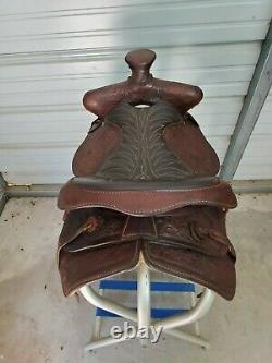 Used Older 14 Brown Leather Big Horn Western Roping Saddle withTooling