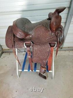 Used Older 14 Brown Leather Big Horn Western Roping Saddle withTooling