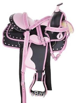 Used Pink Western Pleasure Trail Riding Synthetic Horse Saddle Tack Set 15 16