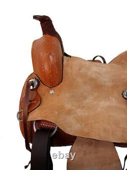 Used Ranch Roping Western Saddle Rancher Basket Weave Tooled Leather 15 16 17 18
