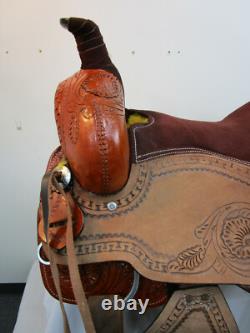 Used Roping Saddle Western Horse Pleasure Floral Tooled Leather Tack 15 16 17 18
