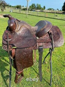 Used Ryon 14 dark oil leather Western youth saddle withequitation seat US made