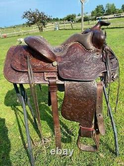 Used Ryon 14 dark oil leather Western youth saddle withequitation seat US made