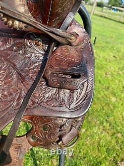 Used Ryon 14 dark oil leather Western youth saddle withequitation seat US made