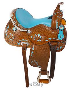 Used Turquoise Western Barrel Racing Trail Horse Leather Saddle Tack 14 15 16