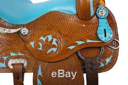 Used Turquoise Western Barrel Racing Trail Horse Leather Saddle Tack 14 15 16