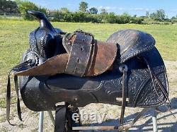 Used/Vintage 14.5 JAS Rice black tooled leather Western saddle US made