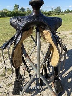 Used/Vintage 14.5 JAS Rice black tooled leather Western saddle US made