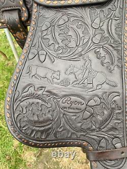 Used/Vintage 15 RYON buckstitched Western saddle withtooled cutting horses