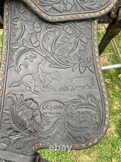 Used/Vintage 15 RYON buckstitched Western saddle withtooled cutting horses