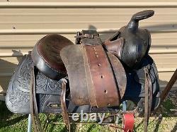 Used/Vintage 15 TexTan Western saddle withspiderweb tooling