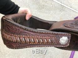 Used Vintage Circle Y western equitation saddle, dark brown fully tooled 15 inch