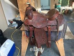 Used Western Hand carved Cherry Leather Roper Saddle 16in, with Bridle