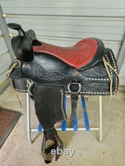 Used older 15 Black leather Parade Saddle with Tapaderos and Silver Studs #1201