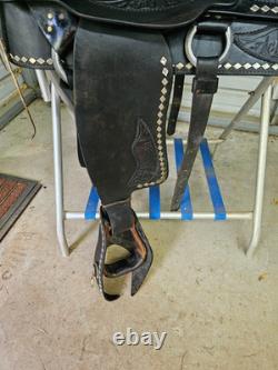 Used older 15 Black leather Parade Saddle with Tapaderos and Silver Studs #1201