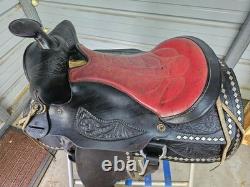 Used older 15 Black leather Parade Saddle with Tapaderos and Silver Studs #1201