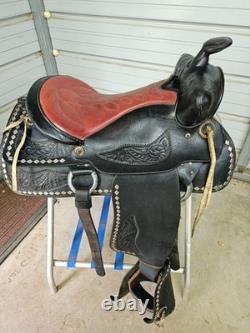 Used older 15 Black leather Parade Saddle with Tapaderos and Silver Studs #1201