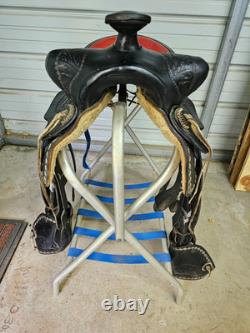 Used older 15 Black leather Parade Saddle with Tapaderos and Silver Studs #1201