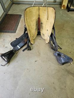 Used older 15 Black leather Parade Saddle with Tapaderos and Silver Studs #1201