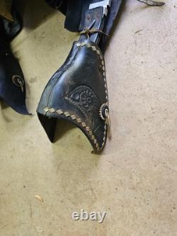 Used older 15 Black leather Parade Saddle with Tapaderos and Silver Studs #1201