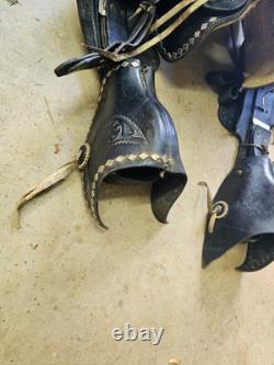 Used older 15 Black leather Parade Saddle with Tapaderos and Silver Studs #1201