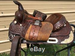 Used/vintage 13 TexTan Western youth saddle tooled leather withsilver US made