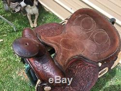 Used/vintage 13 TexTan Western youth saddle tooled leather withsilver US made