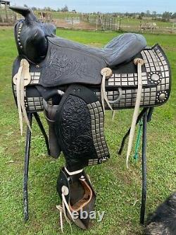 Used/vintage Big Horn 15.5 black Western parade saddle withtapaderos