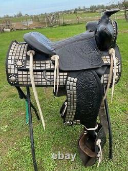 Used/vintage Big Horn 15.5 black Western parade saddle withtapaderos