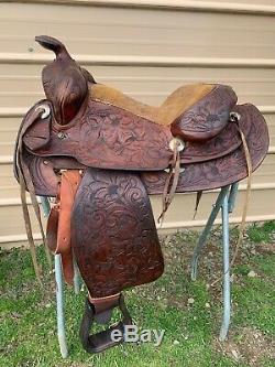 Used/vintage hand made L. White 15 /15.5 Western saddle tooled leather US made