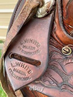 Used/vintage hand made L. White 15 /15.5 Western saddle tooled leather US made
