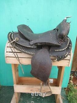 VINTAGE Black LEATHER Horse Saddle 15 Long Cowboy Western #1