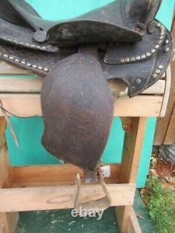 VINTAGE Black LEATHER Horse Saddle 15 Long Cowboy Western #1