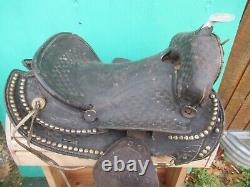 VINTAGE Black LEATHER Horse Saddle 15 Long Cowboy Western #1