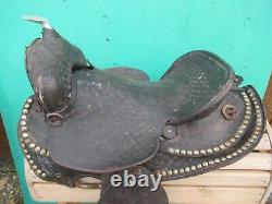 VINTAGE Black LEATHER Horse Saddle 15 Long Cowboy Western #1