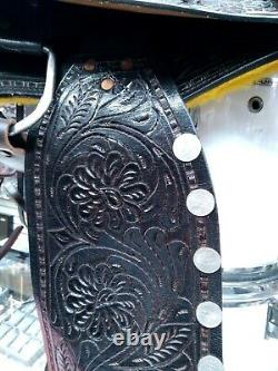 VINTAGE Ornate Tooled Leather Western Show Saddle with Les Vogt Spurs
