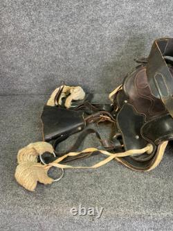 VTG Leather Western Horse Saddle with Brass Fittings & Stirrups Black/Brown