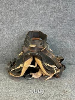 VTG Leather Western Horse Saddle with Brass Fittings & Stirrups Black/Brown