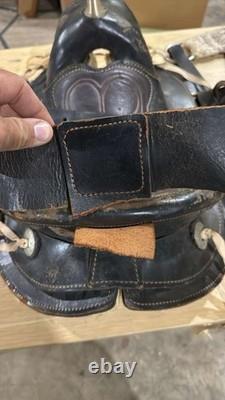 VTG Leather Western Horse Saddle with Brass Fittings & Stirrups Black/Brown