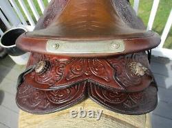 Vintage 14'' Arabian Brown Tooled Leather Western Trail Saddle Arab Bars 29lbs
