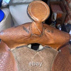 Vintage 14 Western Roper Ranch Saddle Hand-Tooled Leather Basketweave