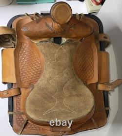 Vintage 14 Western Roper Ranch Saddle Hand-Tooled Leather Basketweave