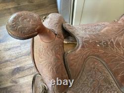 Vintage 15.5 Tex Tan Hereford Brand Western Saddle, Floral Leather Tooling