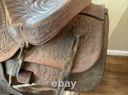 Vintage 15.5 Tex Tan Hereford Brand Western Saddle, Floral Leather Tooling
