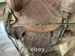 Vintage 15.5 Tex Tan Hereford Brand Western Saddle, Floral Leather Tooling