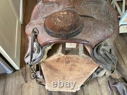 Vintage 15.5 Tex Tan Hereford Brand Western Saddle, Floral Leather Tooling