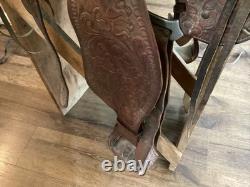 Vintage 15.5 Tex Tan Hereford Brand Western Saddle, Floral Leather Tooling
